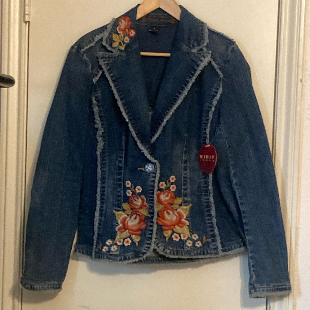 Boho Kikit Jeans Denim Floral Embroidered Jacket| Sz Med NWT